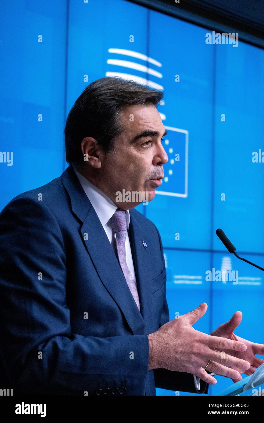 Margaritis Schinas, vice president of the European Union at the Informal videoconference of foreign and interior ministers at the European Council on the external aspects of the EU's migration policy, in the framework of the new Pact on Migration and Asylum. Brussels, Belgium. Stock Photo