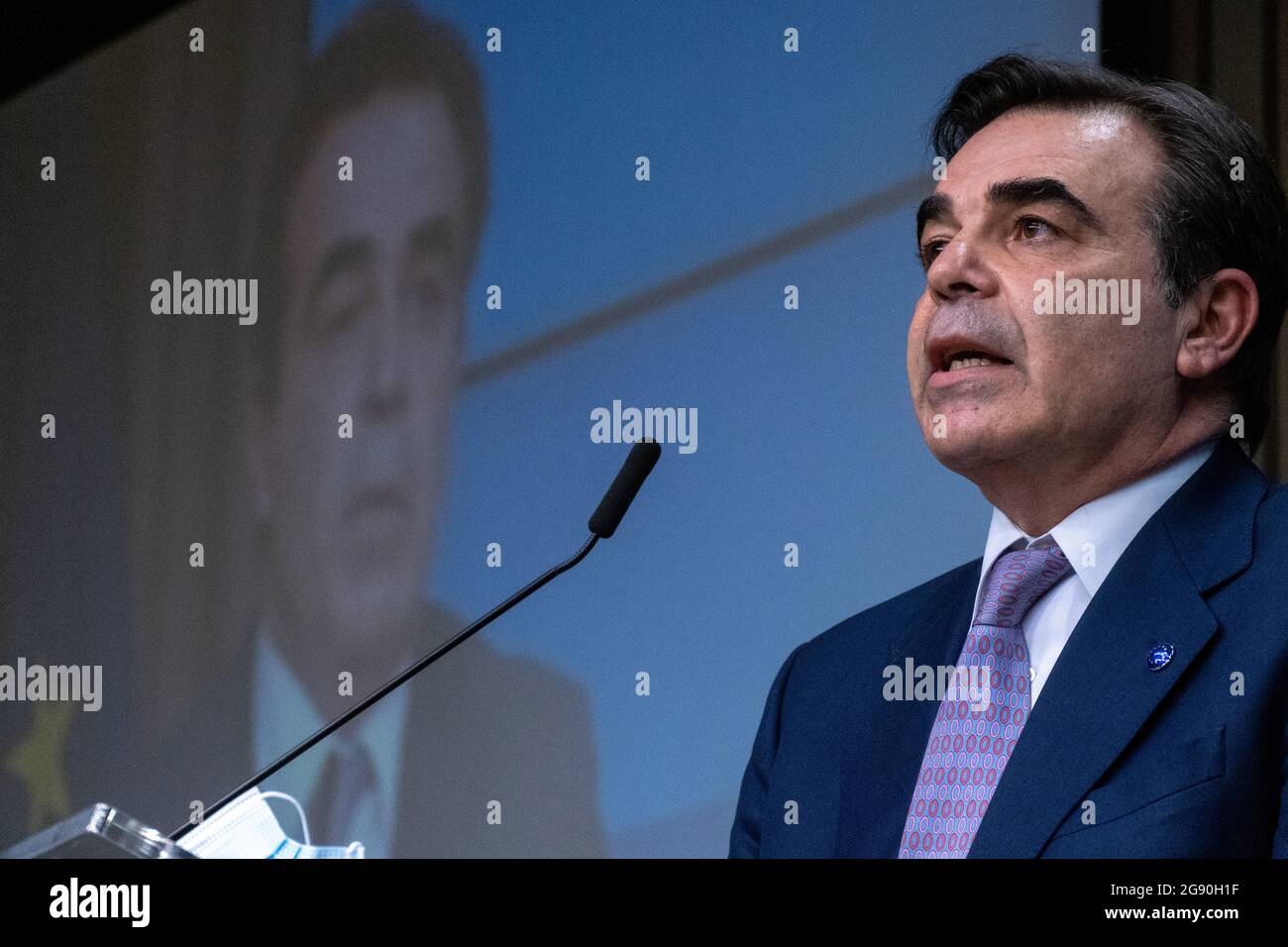 Margaritis Schinas, vice president of the European Union at the Informal videoconference of foreign and interior ministers at the European Council on the external aspects of the EU's migration policy, in the framework of the new Pact on Migration and Asylum. Brussels, Belgium. Stock Photo
