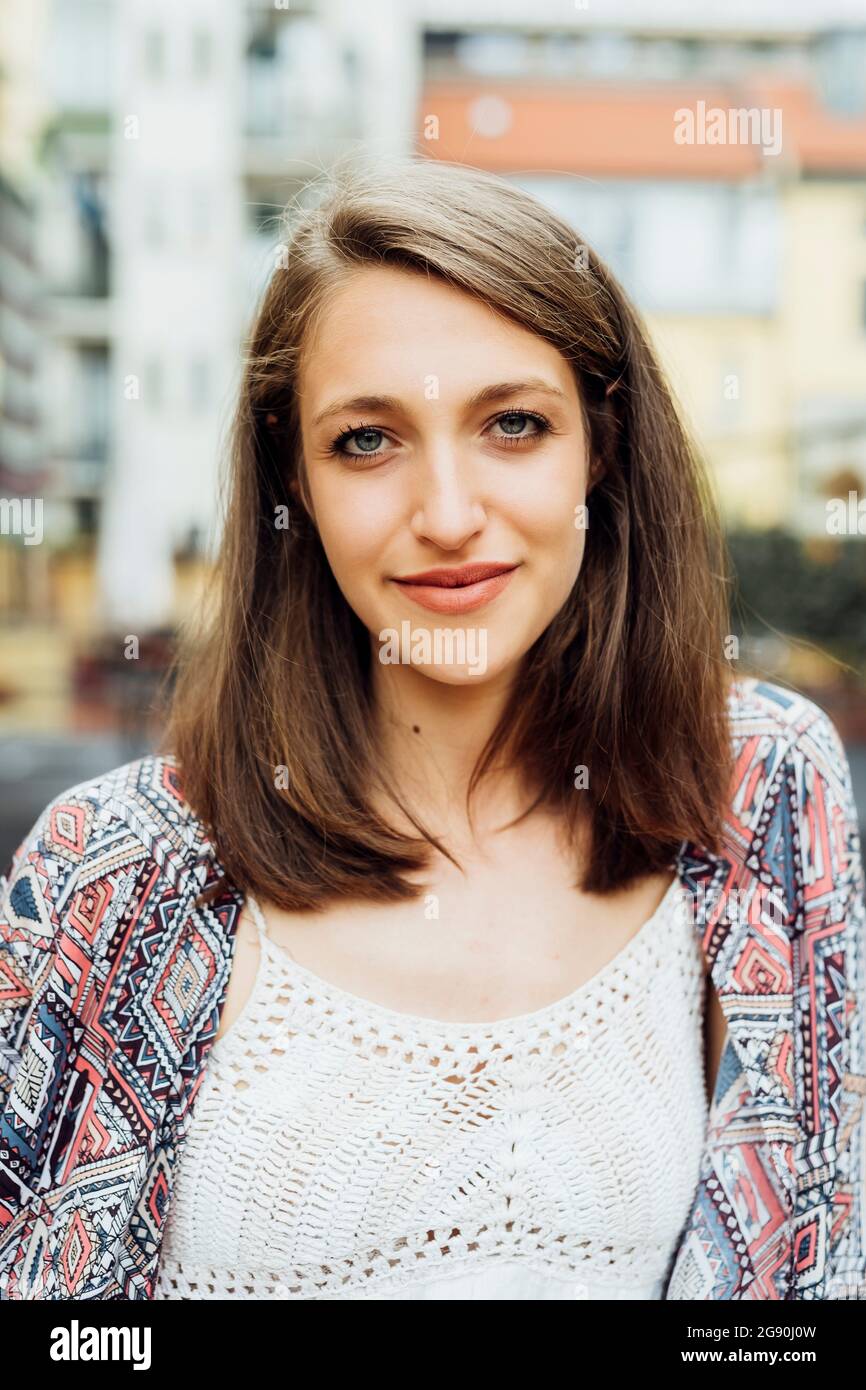 Smiling woman staring Stock Photo