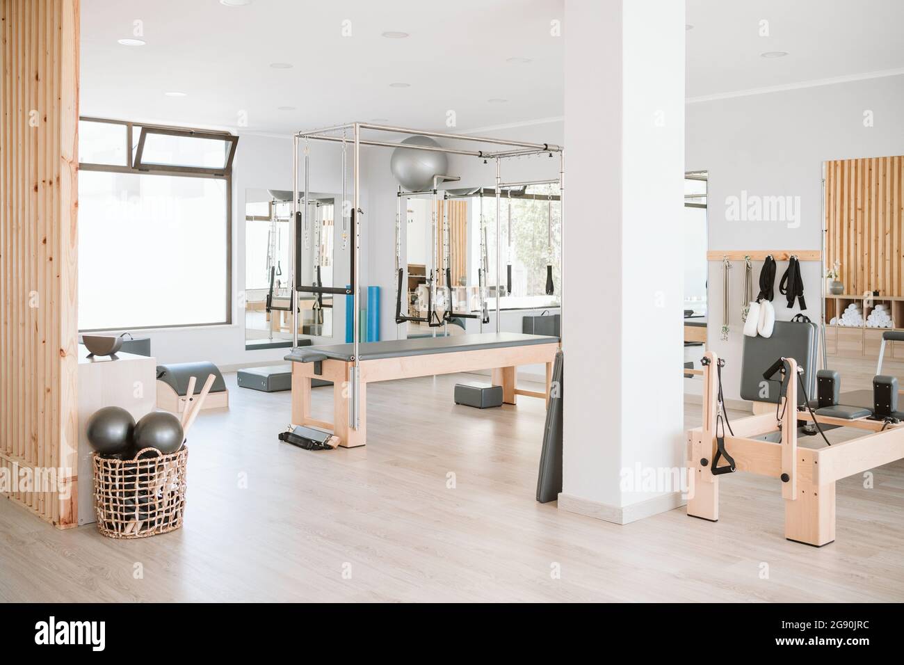 Pilates machine and exercise equipments in empty studio Stock Photo