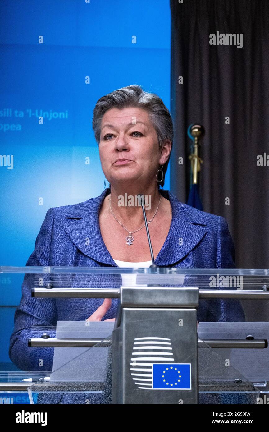 Ylva Johansson, Commissioner Home Affairs, at the Informal videoconference of foreign and interior ministers at the European Council on the external aspects of the EU's migration policy, in the framework of the new Pact on Migration and Asylum. Brussels, Belgium. Stock Photo