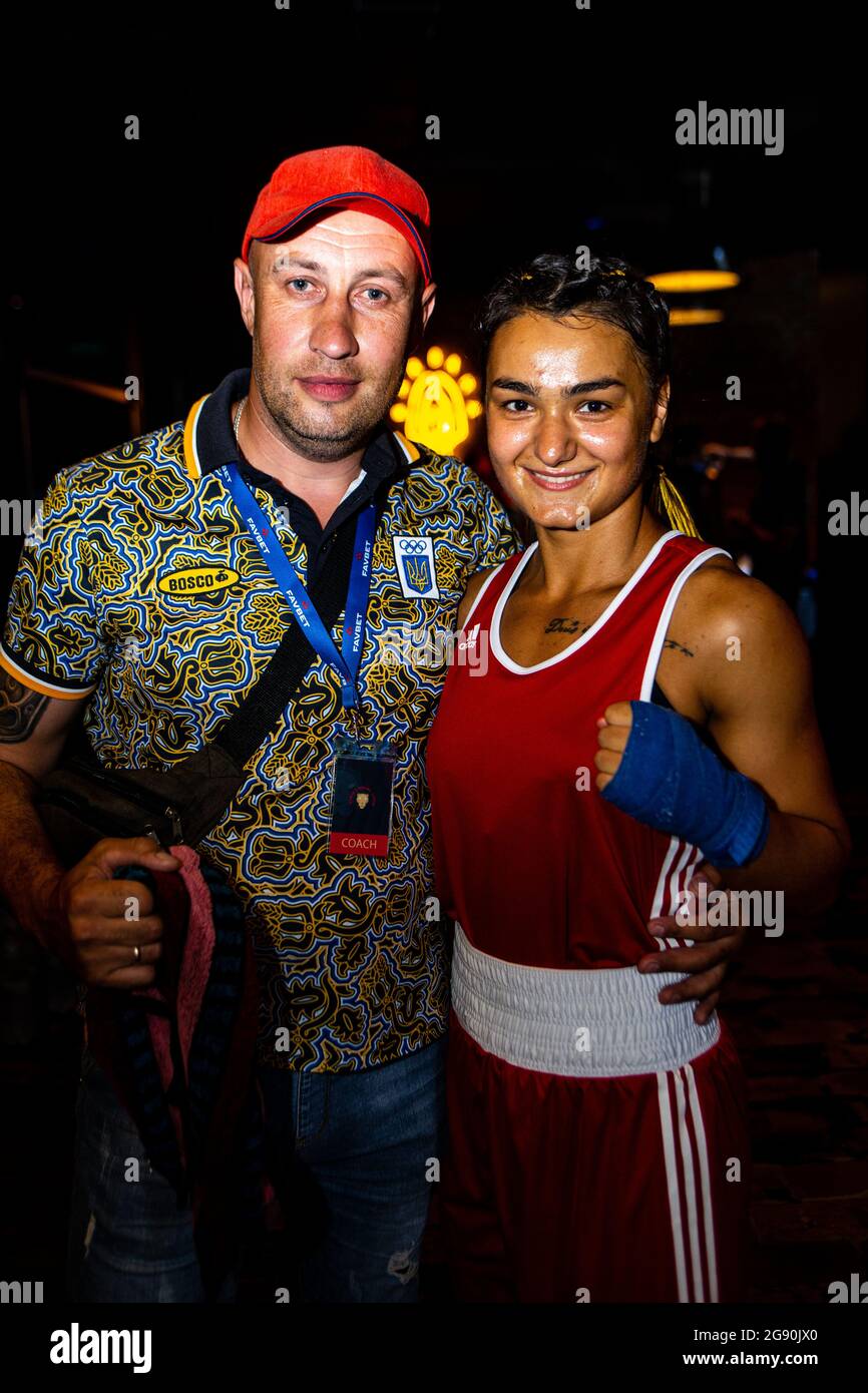 Ukraine's boxing champion and world kick boxing vice-champion Lera Eroshenko with her coach Victor Balabko after beating Katya Rogova in July 2020. Stock Photo