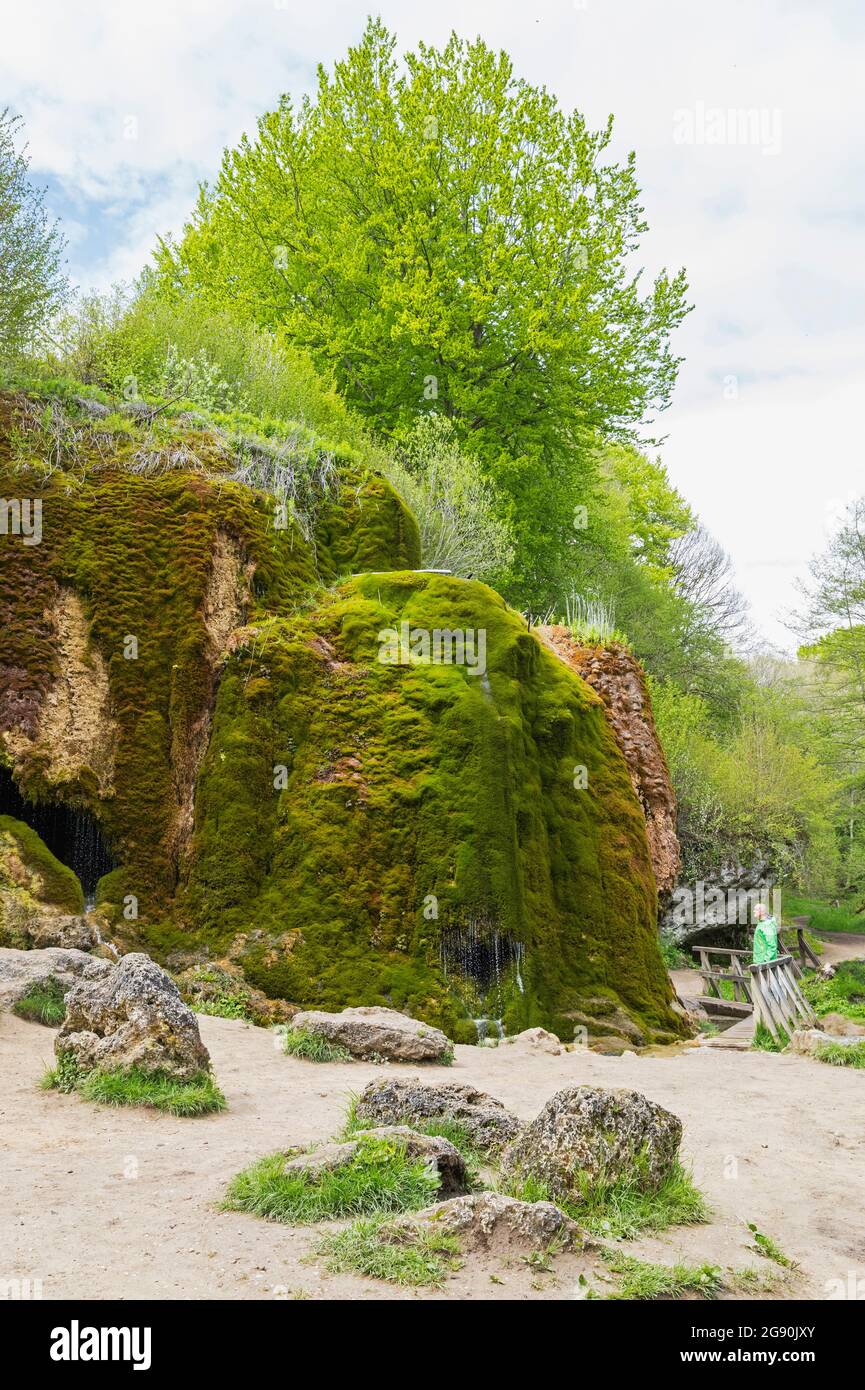 Senior hiker admiring Dreimuhlen waterfall falling down mossy slope Stock Photo