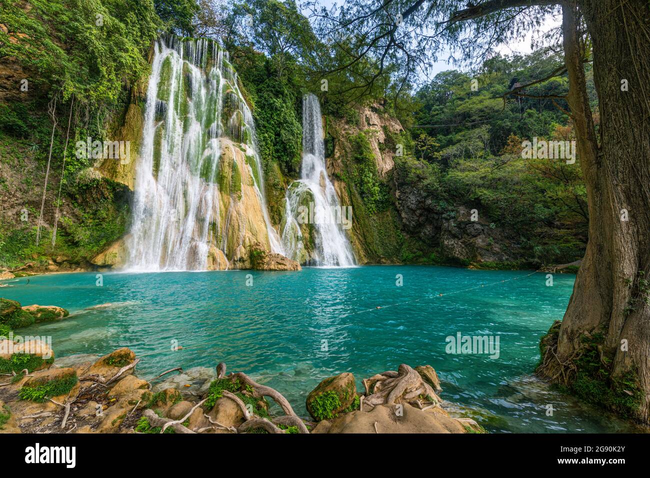 Water flowing from rock formation at Cascadas de Minas Viejas, Huasteca Potosi, Mexico Stock Photo