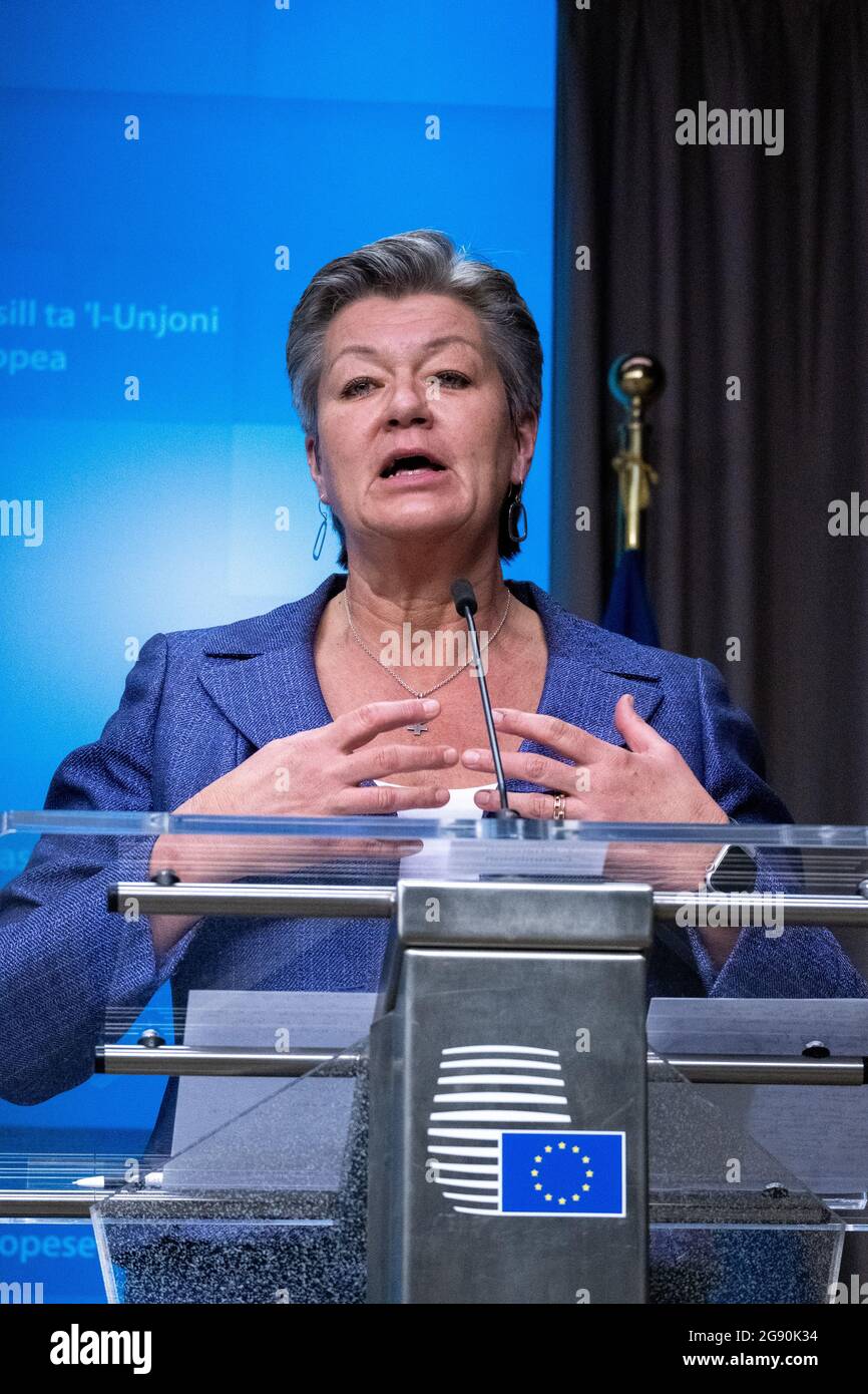 Ylva Johansson, Commissioner Home Affairs, at the Informal videoconference of foreign and interior ministers at the European Council on the external aspects of the EU's migration policy, in the framework of the new Pact on Migration and Asylum. Brussels, Belgium. Stock Photo