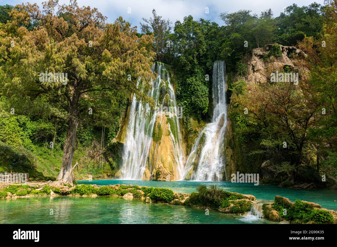 Famous Cascadas de Minas Viejas on sunny day, Huasteca Potosi, Mexico Stock Photo