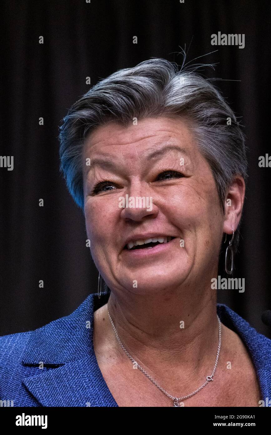 Ylva Johansson, Commissioner Home Affairs, at the Informal videoconference of foreign and interior ministers at the European Council on the external aspects of the EU's migration policy, in the framework of the new Pact on Migration and Asylum. Brussels, Belgium. Stock Photo