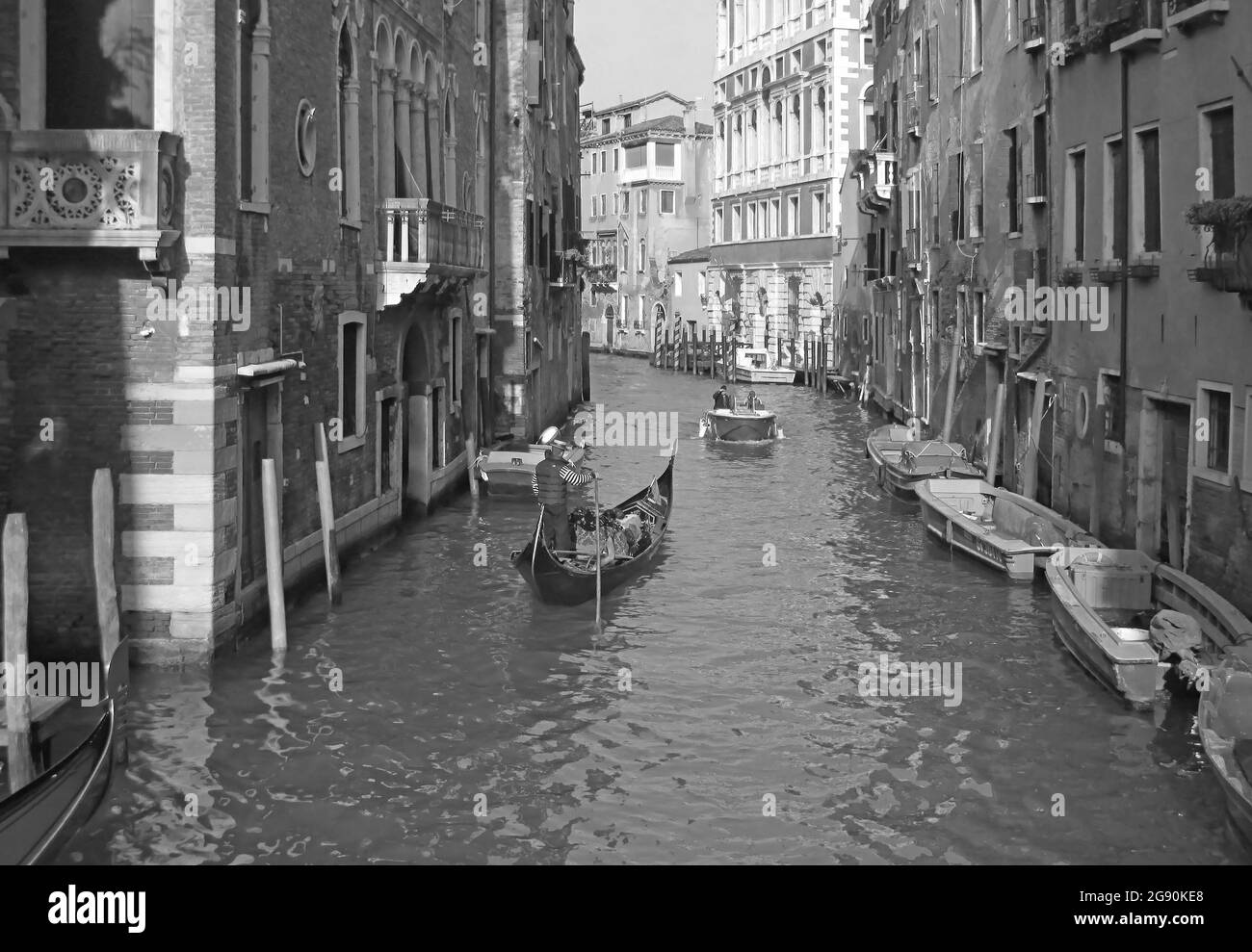 Grand Canal of Venice, Italy with an Iconic Gondola in Monochrome Stock Photo