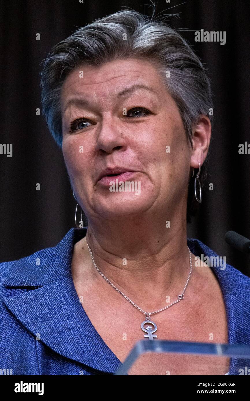 Ylva Johansson, Commissioner Home Affairs, at the Informal videoconference of foreign and interior ministers at the European Council on the external aspects of the EU's migration policy, in the framework of the new Pact on Migration and Asylum. Brussels, Belgium. Stock Photo