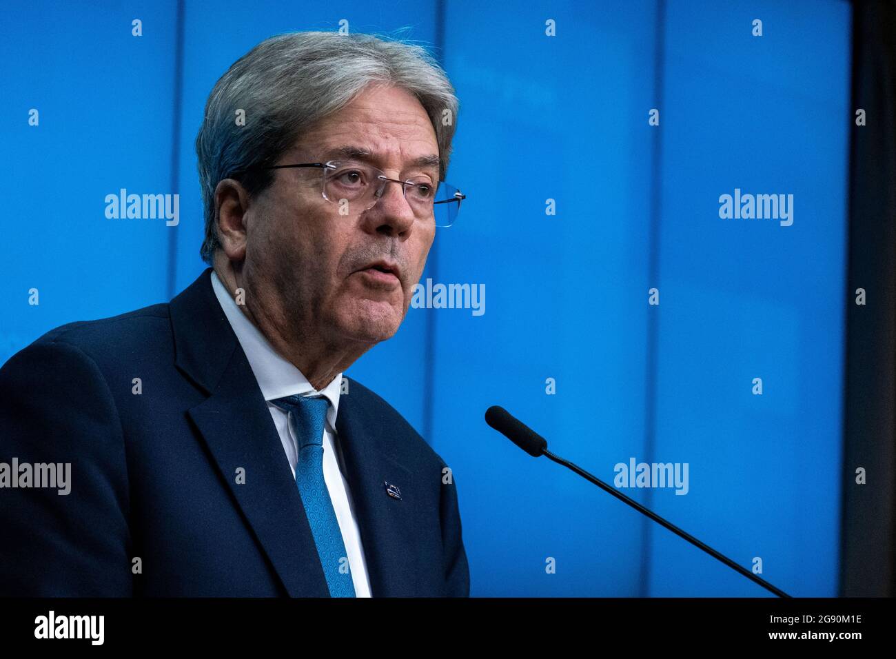 Paolo Gentiloni, Commissioner Economy, at the Informal videoconference of foreign and interior ministers at the European Council on the external aspects of the EU's migration policy, in the framework of the new Pact on Migration and Asylum. Brussels, Belgium. Stock Photo