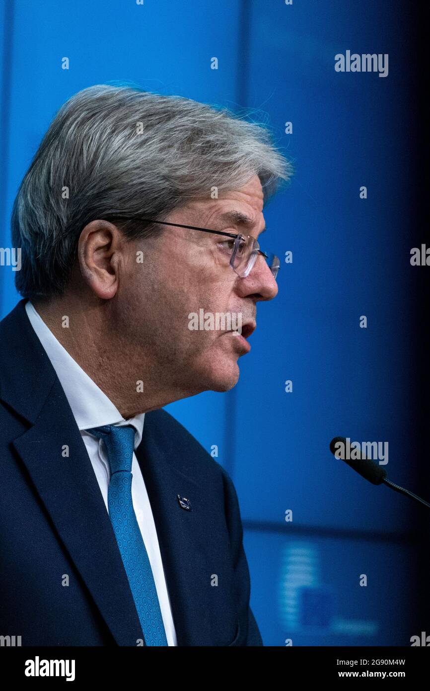 Paolo Gentiloni, Commissioner Economy, at the Informal videoconference of foreign and interior ministers at the European Council on the external aspects of the EU's migration policy, in the framework of the new Pact on Migration and Asylum. Brussels, Belgium. Stock Photo