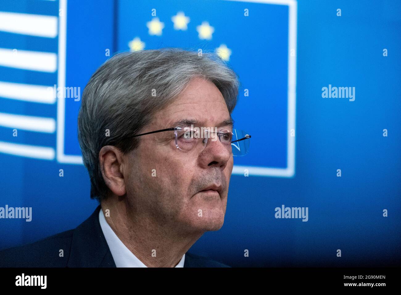 Paolo Gentiloni, Commissioner Economy, at the Informal videoconference of foreign and interior ministers at the European Council on the external aspects of the EU's migration policy, in the framework of the new Pact on Migration and Asylum. Brussels, Belgium. Stock Photo