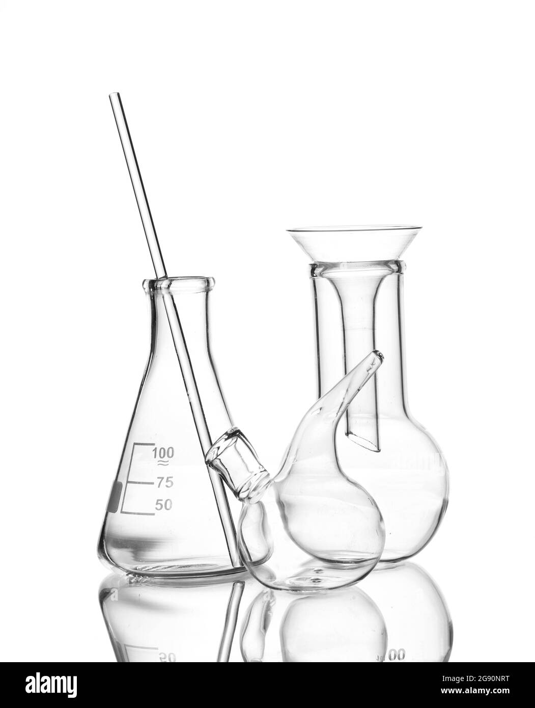 Three empty laboratory glassware with reflection isolated on white