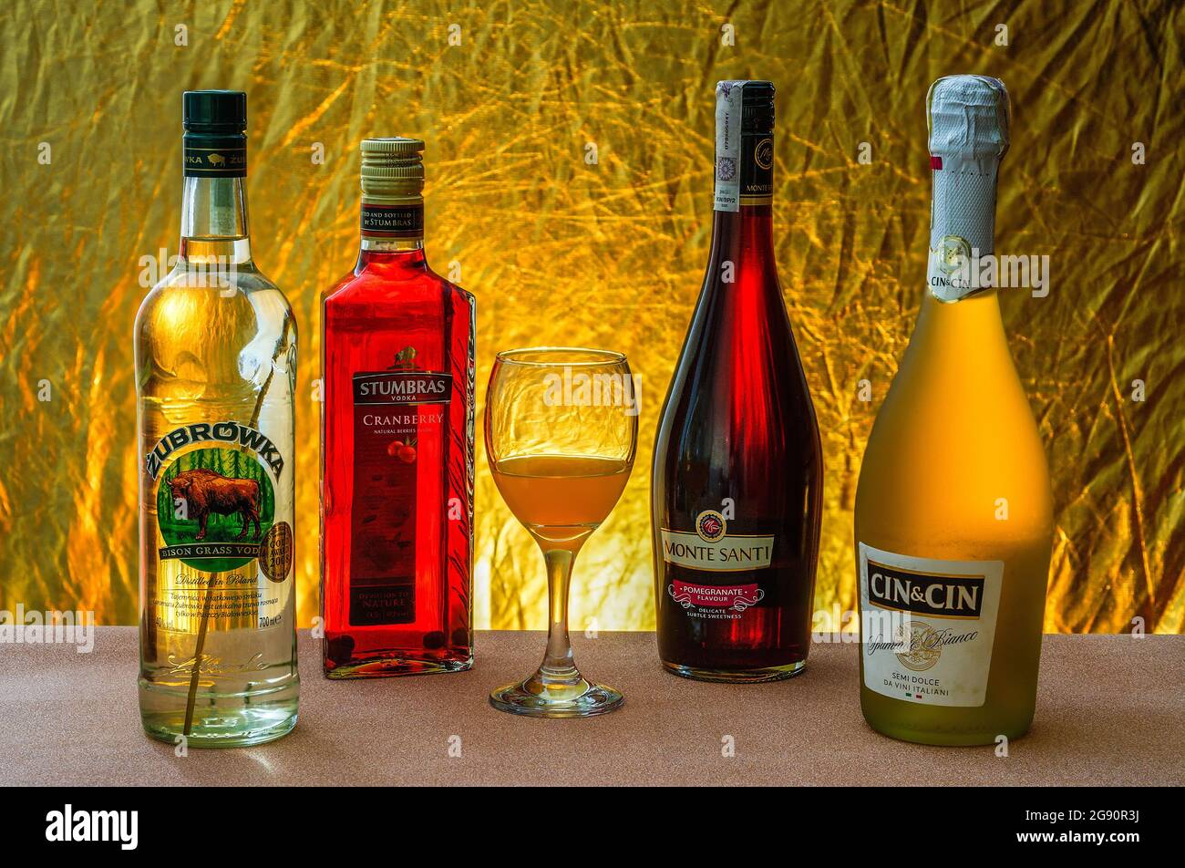 Bottles of alcohol, vodka, wine, different brands and colours,editorial use only Stock Photo