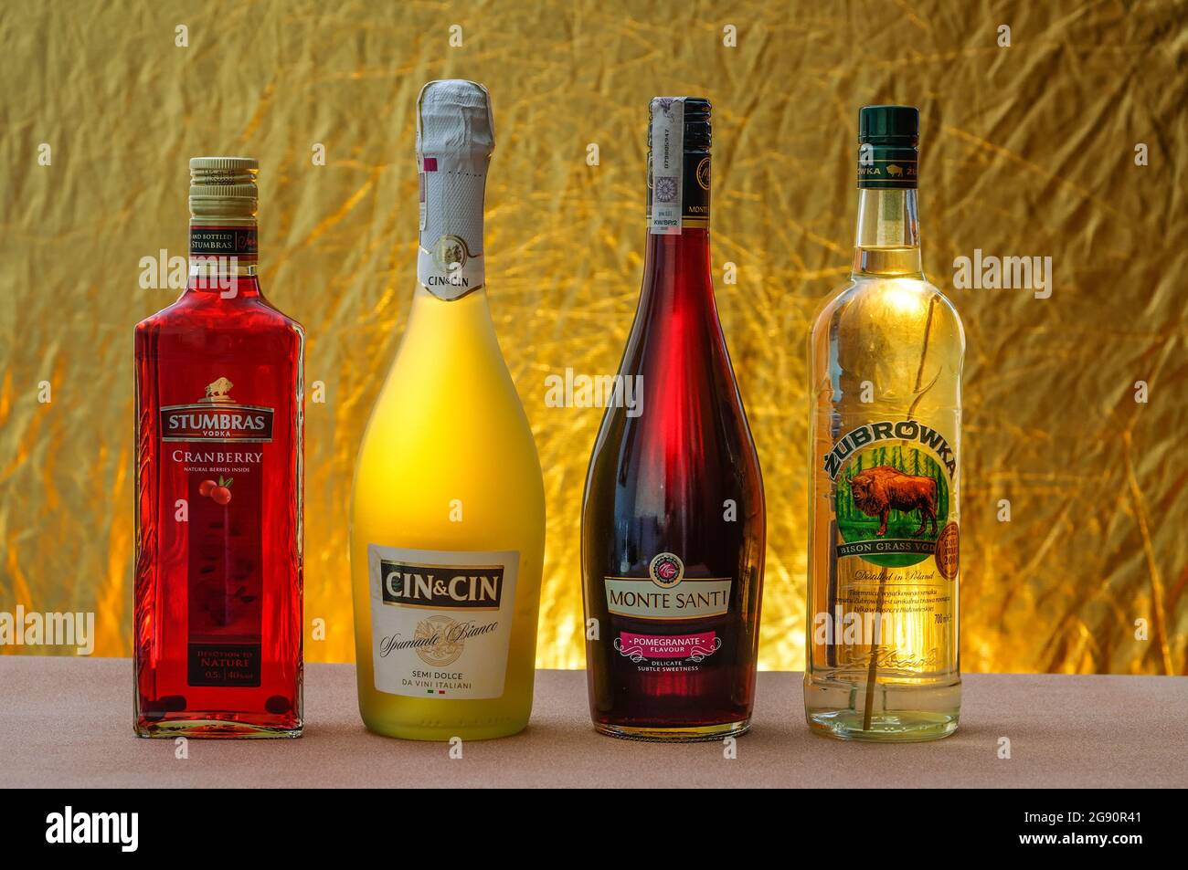 Bottles of alcohol, vodka, wine, different brands and colours,editorial use only Stock Photo