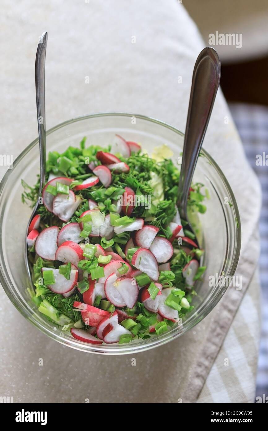 Fresh spring wholesome natural salad of radish vegetables, seasoned shallots, iceberg, romaine, cabbage in a transparent dish on the table. View from Stock Photo
