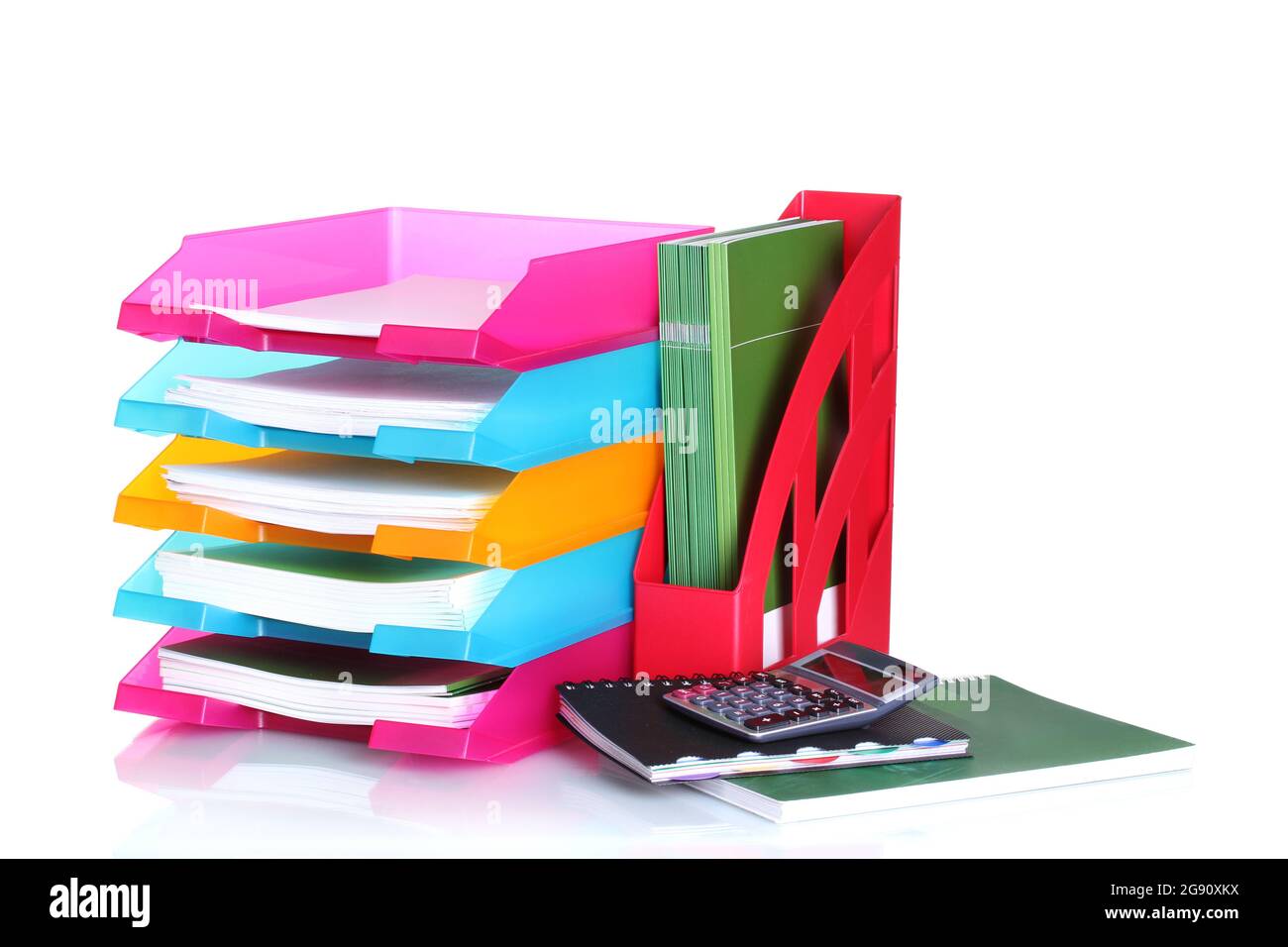 bright paper trays and stationery isolated on white Stock Photo Alamy