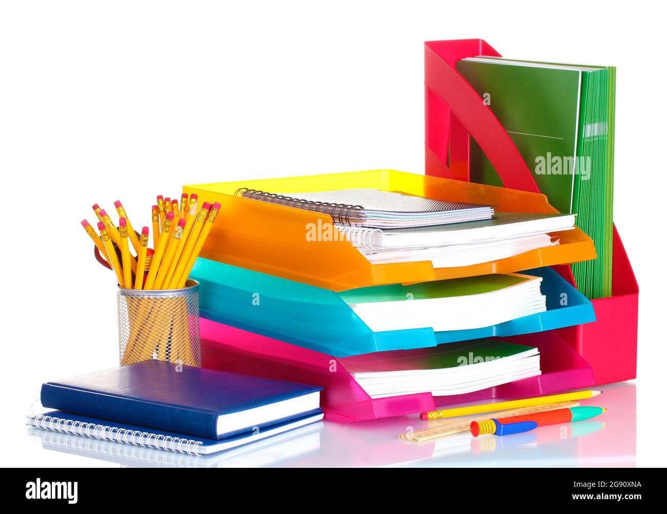 bright paper trays and stationery isolated on white Stock Photo Alamy