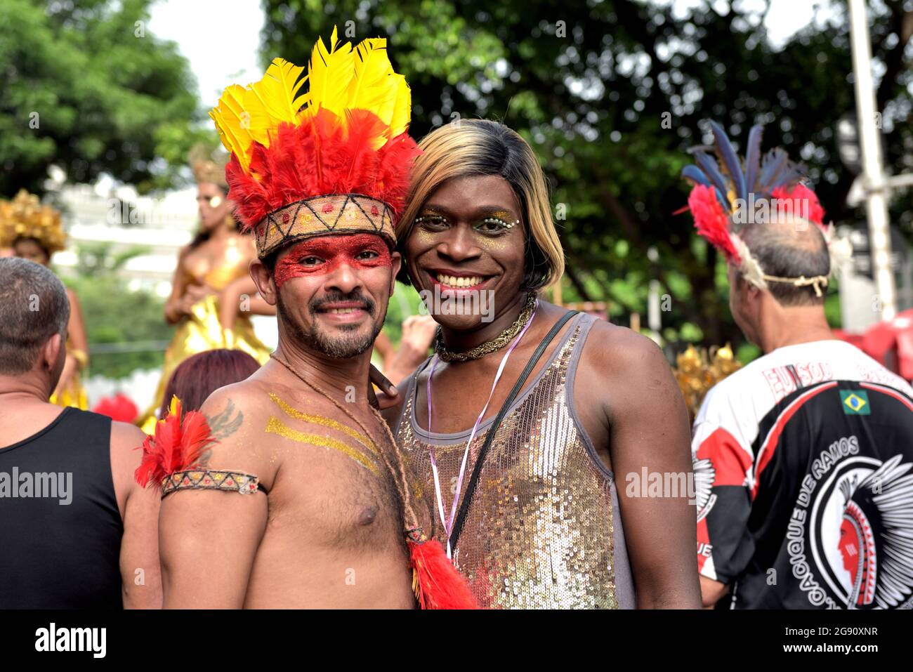 Brazil – February 16, 2020: Happy costumed revelers enjoy the festivities of Carnival in Rio de Janeiro, an event with international tourist interest. Stock Photo