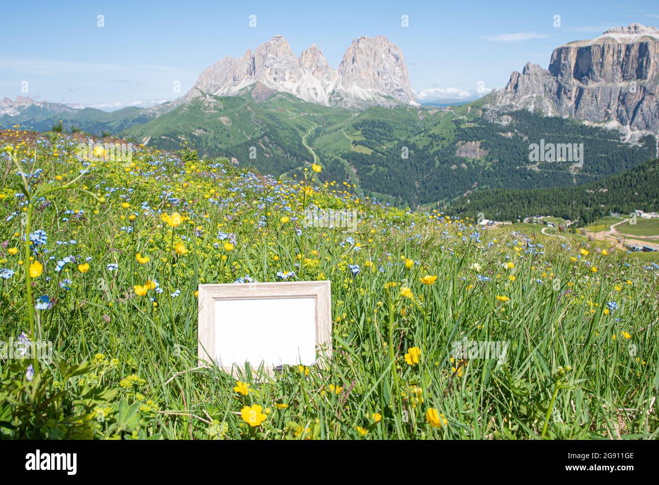 Empty wooden picture frame mockup in sunlight. Mountain in summer with grass and flowers in the foreground, majestic Alps mountains in the background. Stock Photo