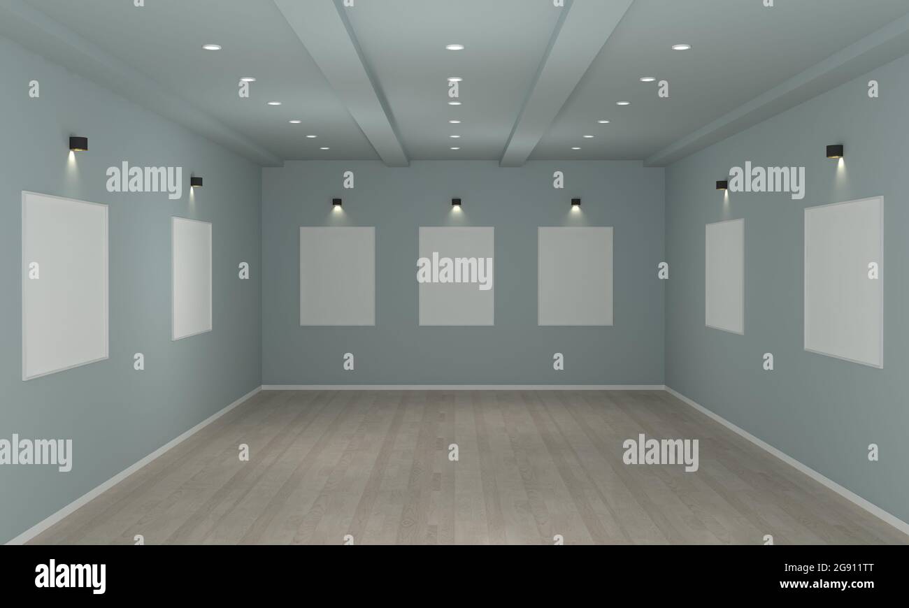 3D rendering of an art gallery with empty frames for your images/text ...