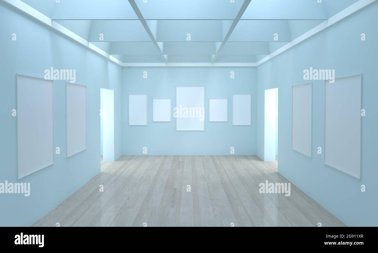 3D rendering of an art gallery with empty frames for your images/text ...