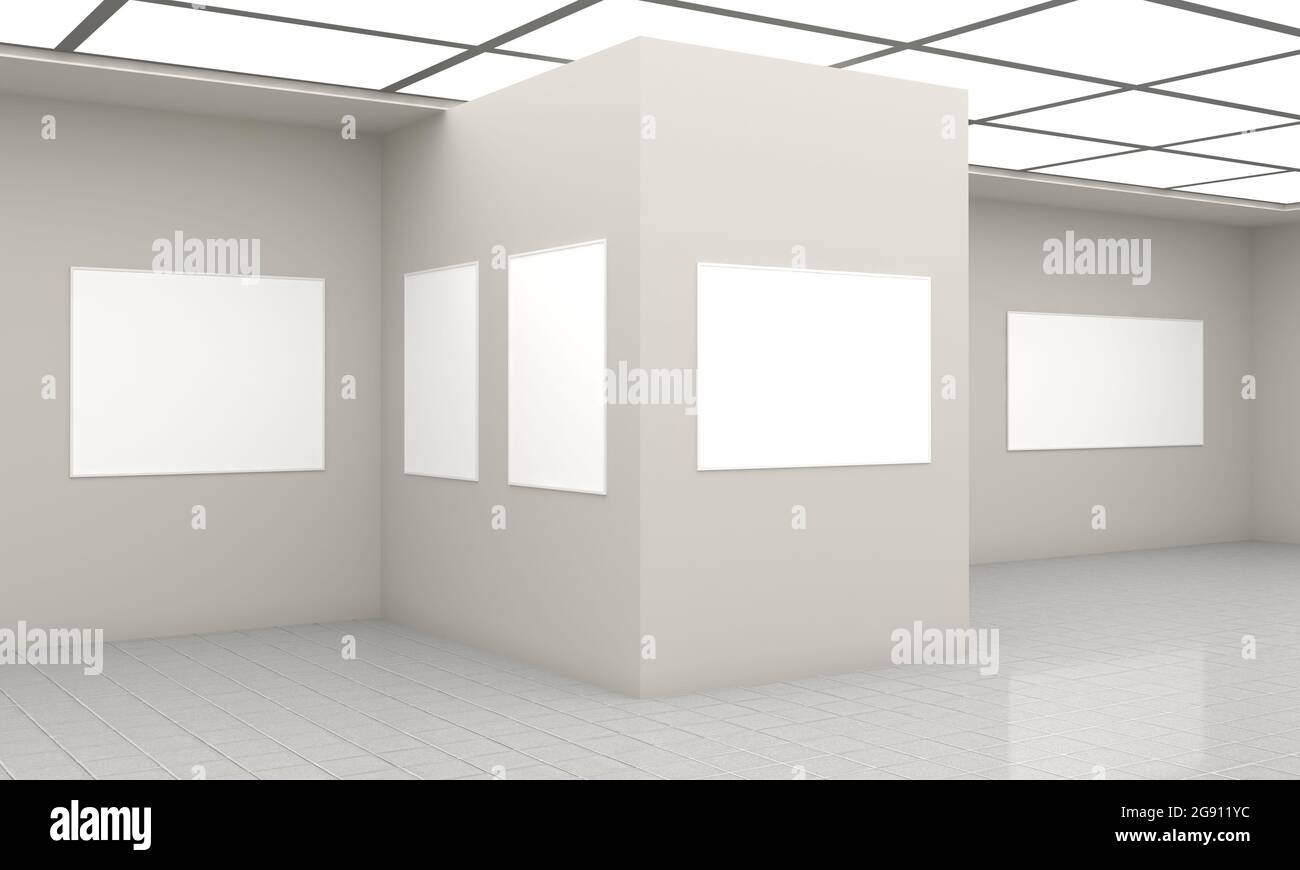 3D rendering of an art gallery with empty frames for your images/text ...