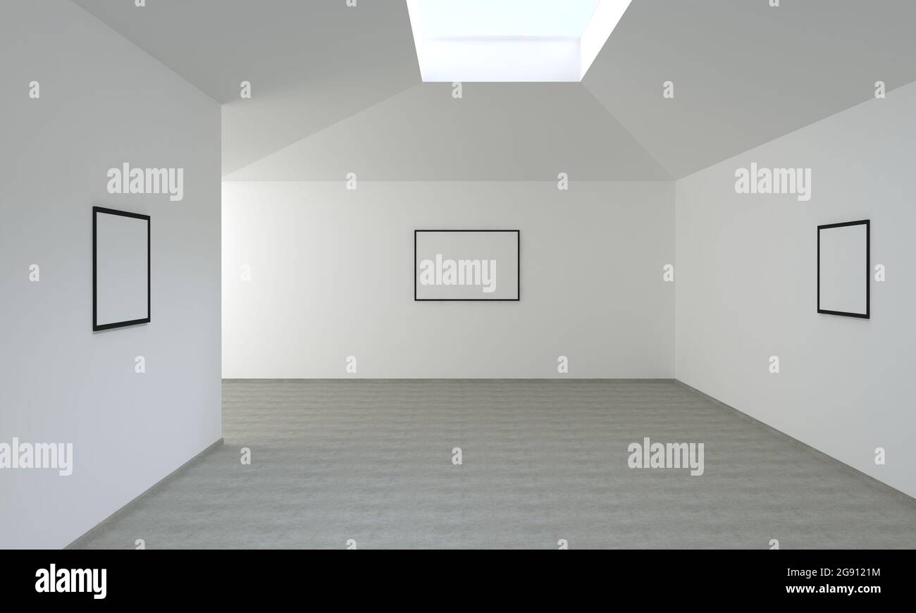 3D rendering of an art gallery with empty frames for your images/text ...