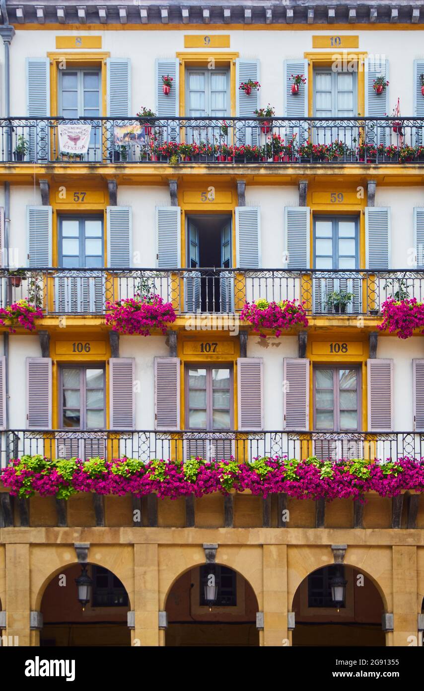 Numbered balconies of The Constitution square (Plaza de la Constitucion). San Sebastian, Basque Country, Guipuzcoa. Spain. Stock Photo