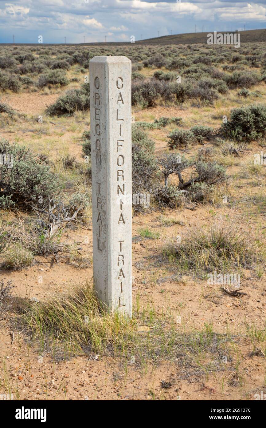 California Trail and Oregon Trail marker, Oregon Trail National Historic Trail, Wyoming Stock Photo