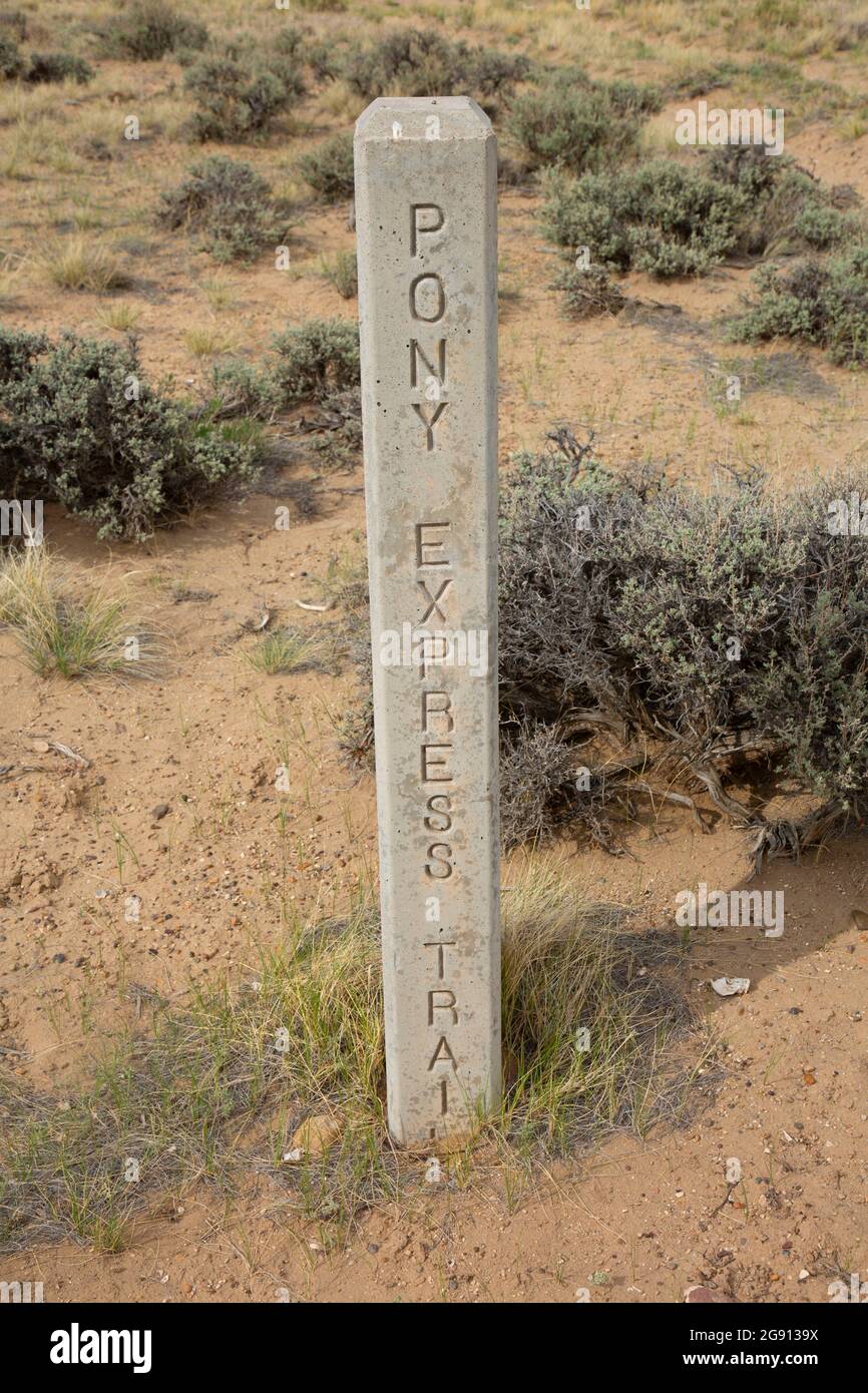Pony Express Trail marker, Oregon Trail National Historic Trail, Wyoming Stock Photo