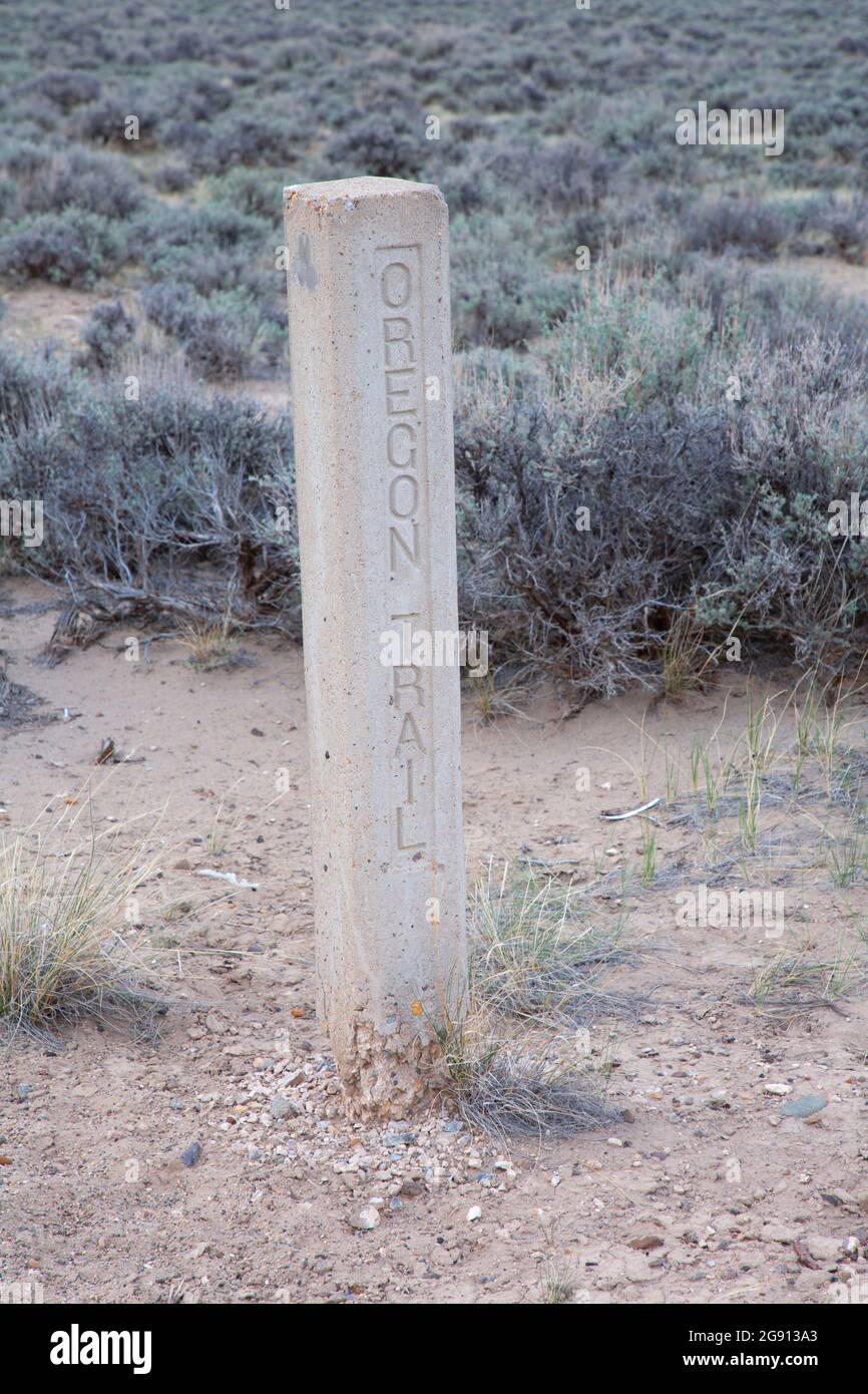 Oregon Trail marker, Oregon Trail National Historic Trail, Wyoming Stock Photo