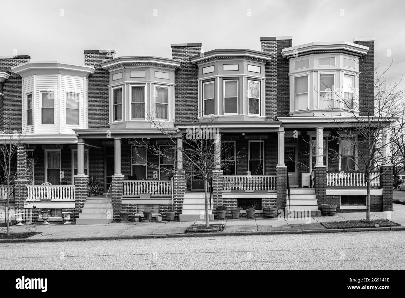 Colorful brick row houses in Charles Village, Baltimore, Maryland Stock
