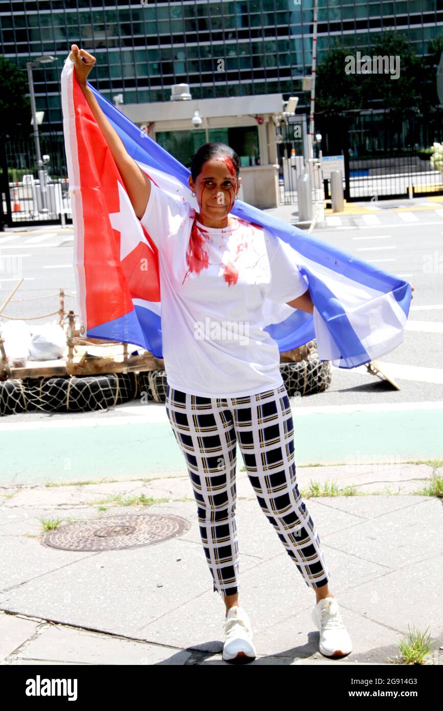 July 23, 2021, New York, New York, USA: Cuban Americans Rally in front of the United Nations building in New York City. Protestors cover themselves in blood to protest the Human rights violations on the cuban people. (Credit Image: © Bruce Cotler/ZUMA Press Wire) Stock Photo