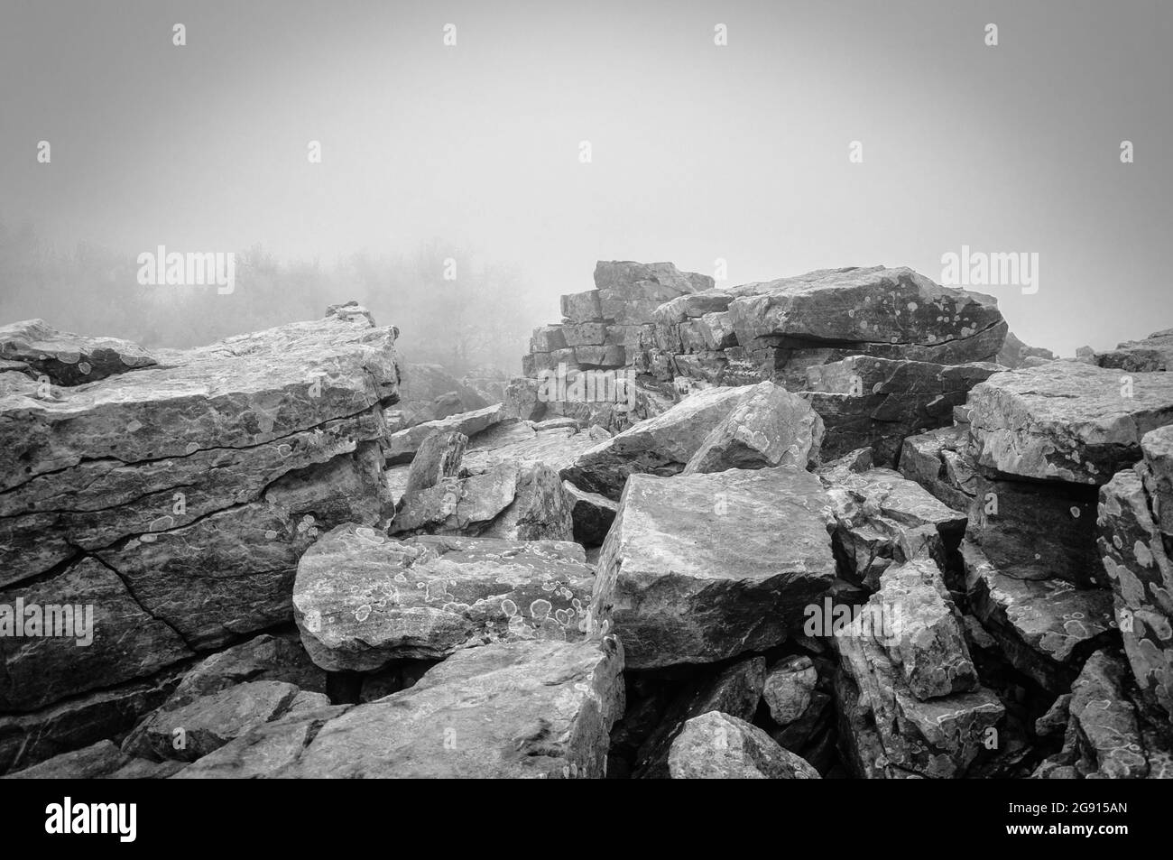 Large boulders in fog on Blackrock Summit, in Shenandoah National Park, Virginia. Stock Photo