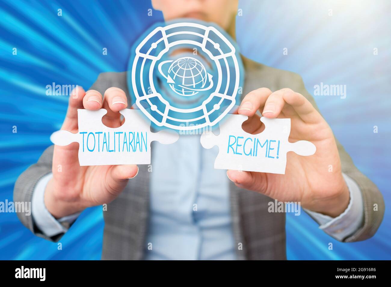Text sign showing Totalitarian Regime, Concept meaning mode of government that prohibits opposition parties Business Woman Holding Jigsaw Puzzle Piece Stock Photo