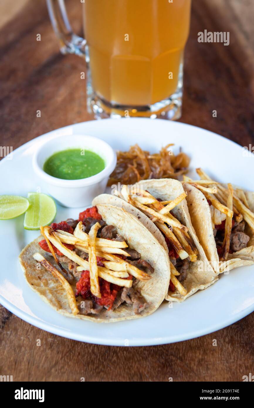 Mexican tacos with corn tortillas. Traditional Mexican food Stock Photo