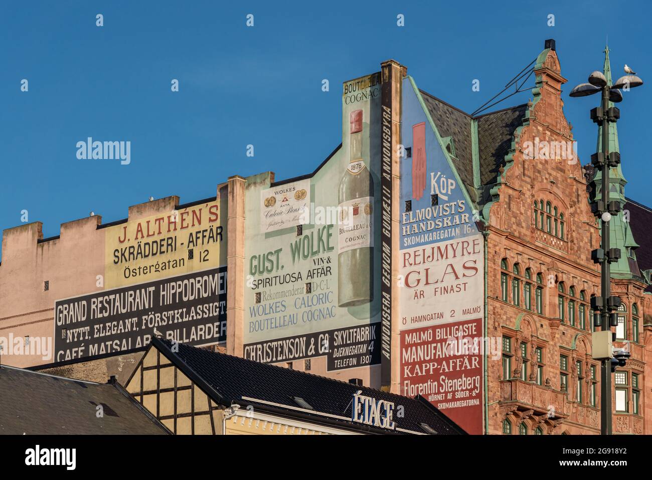 Vintage advertising from around 1900 in the side of Lejonet Pharmacy  building at Stortorget Square - the oldest pharmacy of Sweden - Malmo,  Sweden Stock Photo - Alamy