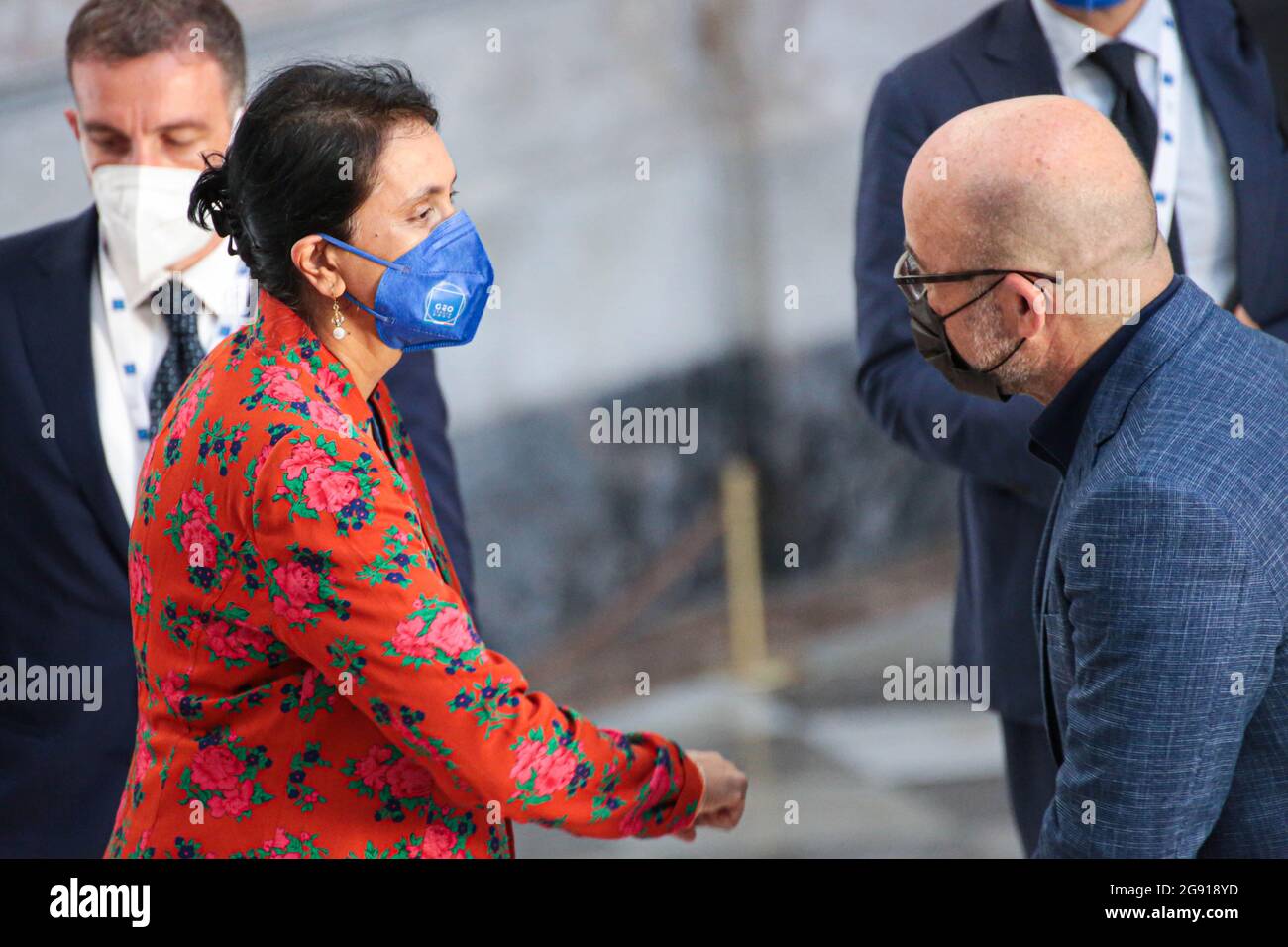 London, England, UK. 22nd July, 2021. Italian Ecological TransitionÂ MinisterÂ RobertoÂ Cingolani welcomesÂ Shamila Nair Bedouelle, UNESCO Assistant Director-General, to the G20 Ministerial Meeting on Environment, Climate and Energy in Naples, Italy. (Credit Image: © Sabrina MerollaZUMA Wire) Stock Photo