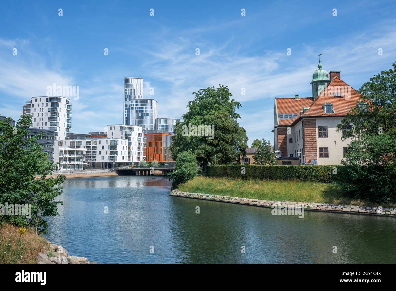 Canal view of Malmo and modern buildings - Malmo, Sweden Stock Photo
