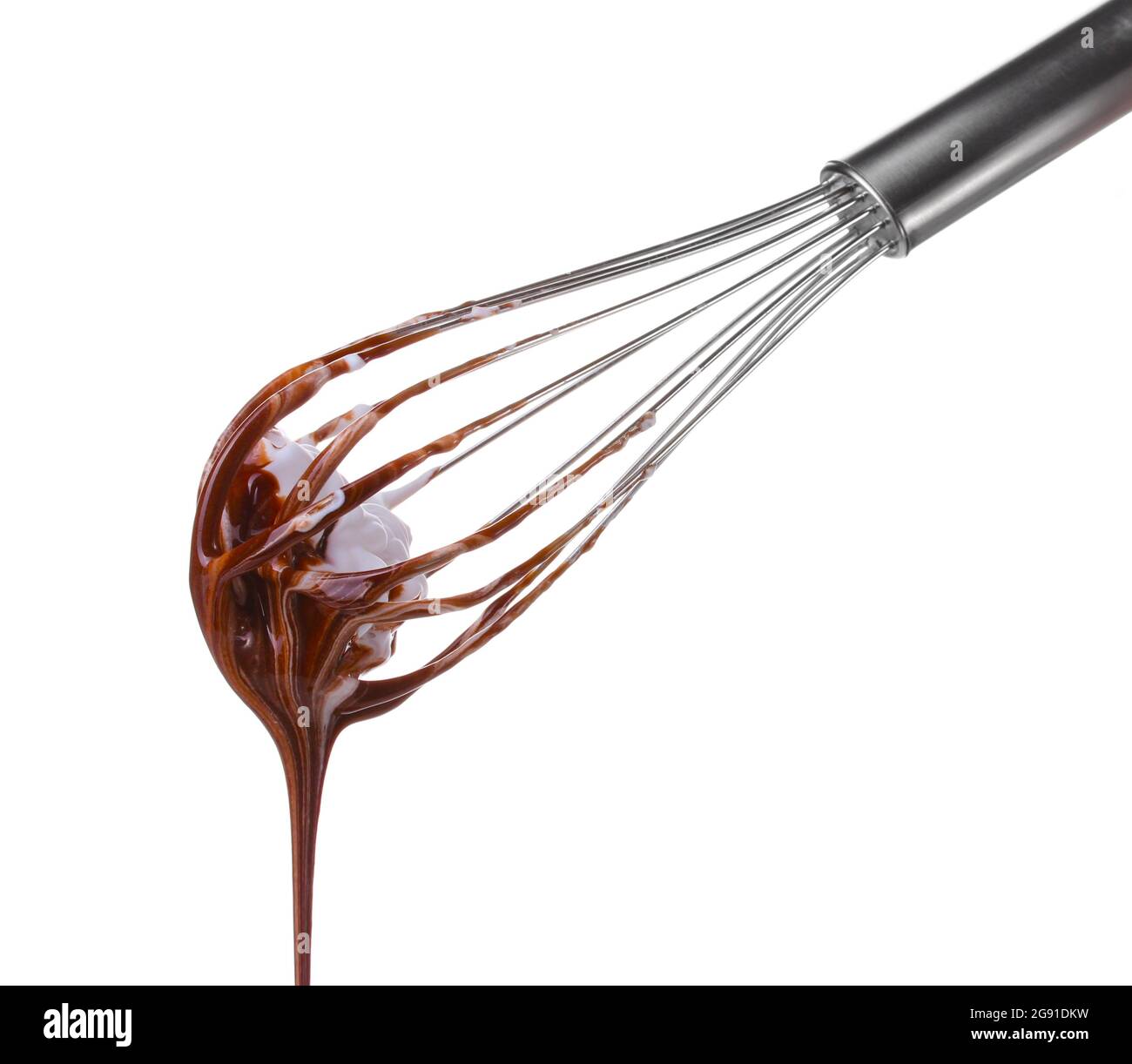Metal whisk for whipping eggs with chocolate cream isolated on white