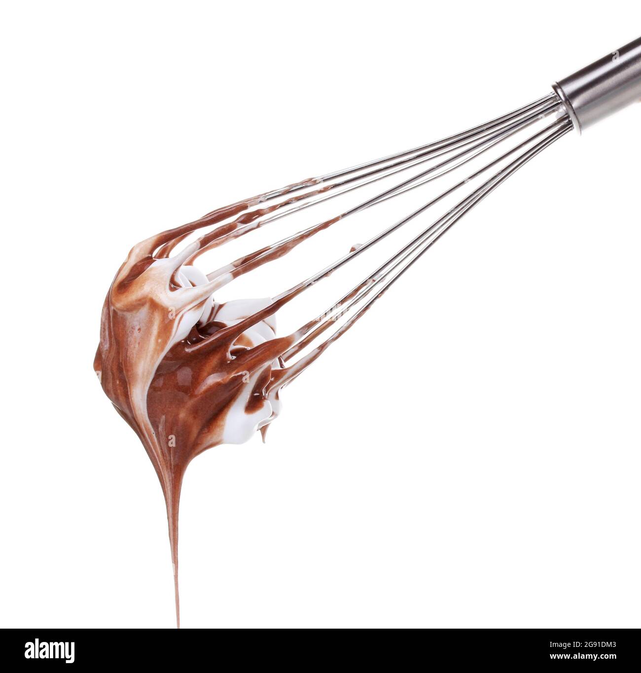 Metal whisk for whipping eggs with chocolate cream isolated on white