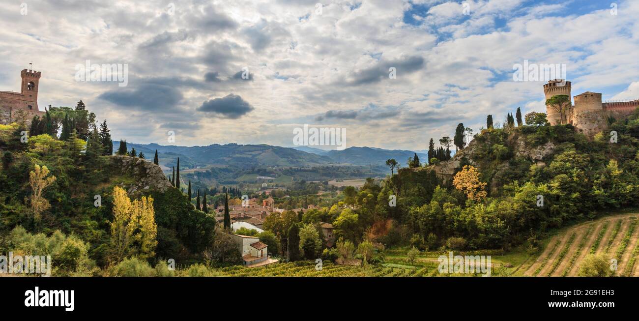 Brisighella is a small town characterized by a beautiful old town and by three rocky pinnacles, on which rest its three landmarks: a fortress, a sanct Stock Photo