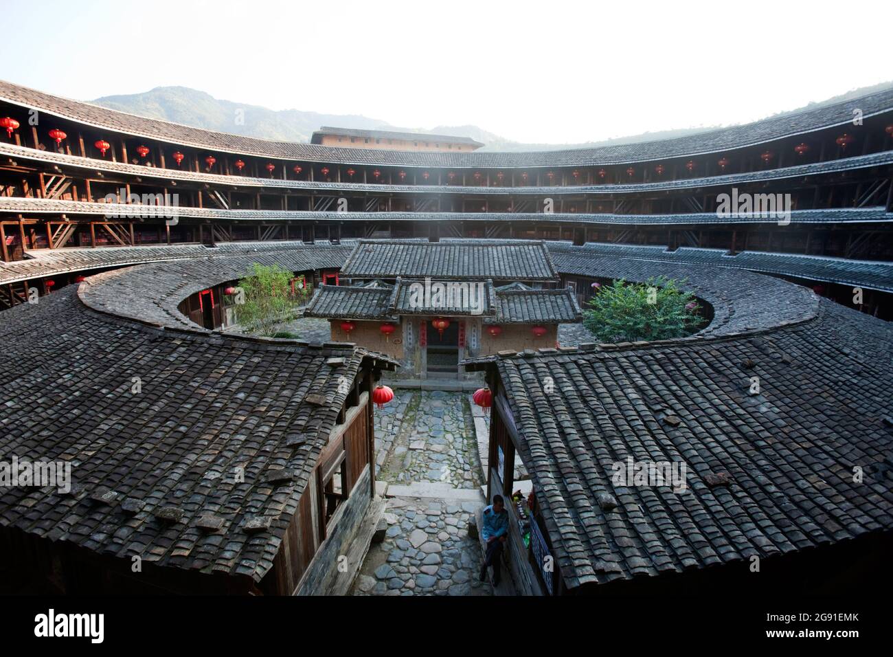Courtyard and house temple at Chuxi village, Hakka Tolou, Yongding, Fujian, China Stock Photo