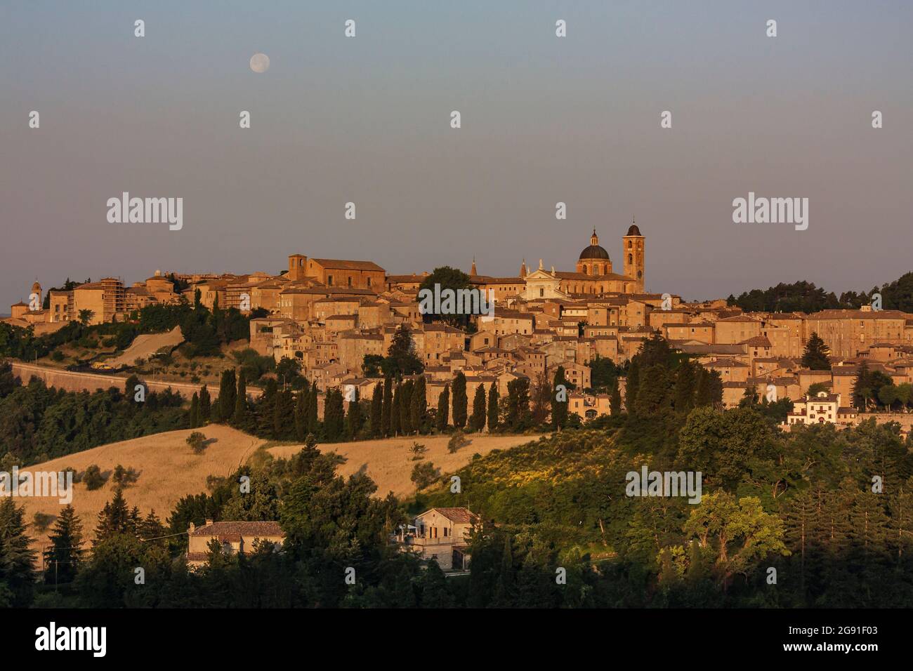 Urbino is a walled city in the center of Italy, a World Heritage Site notable for a remarkable historical legacy of independent Renaissance culture, e Stock Photo