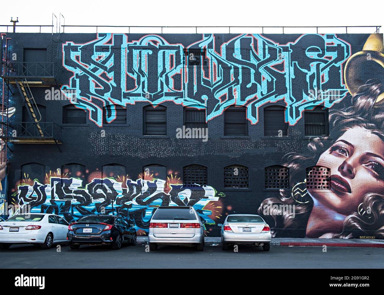 Murals and street art from the Arts District in Los Angeles California Stock Photo