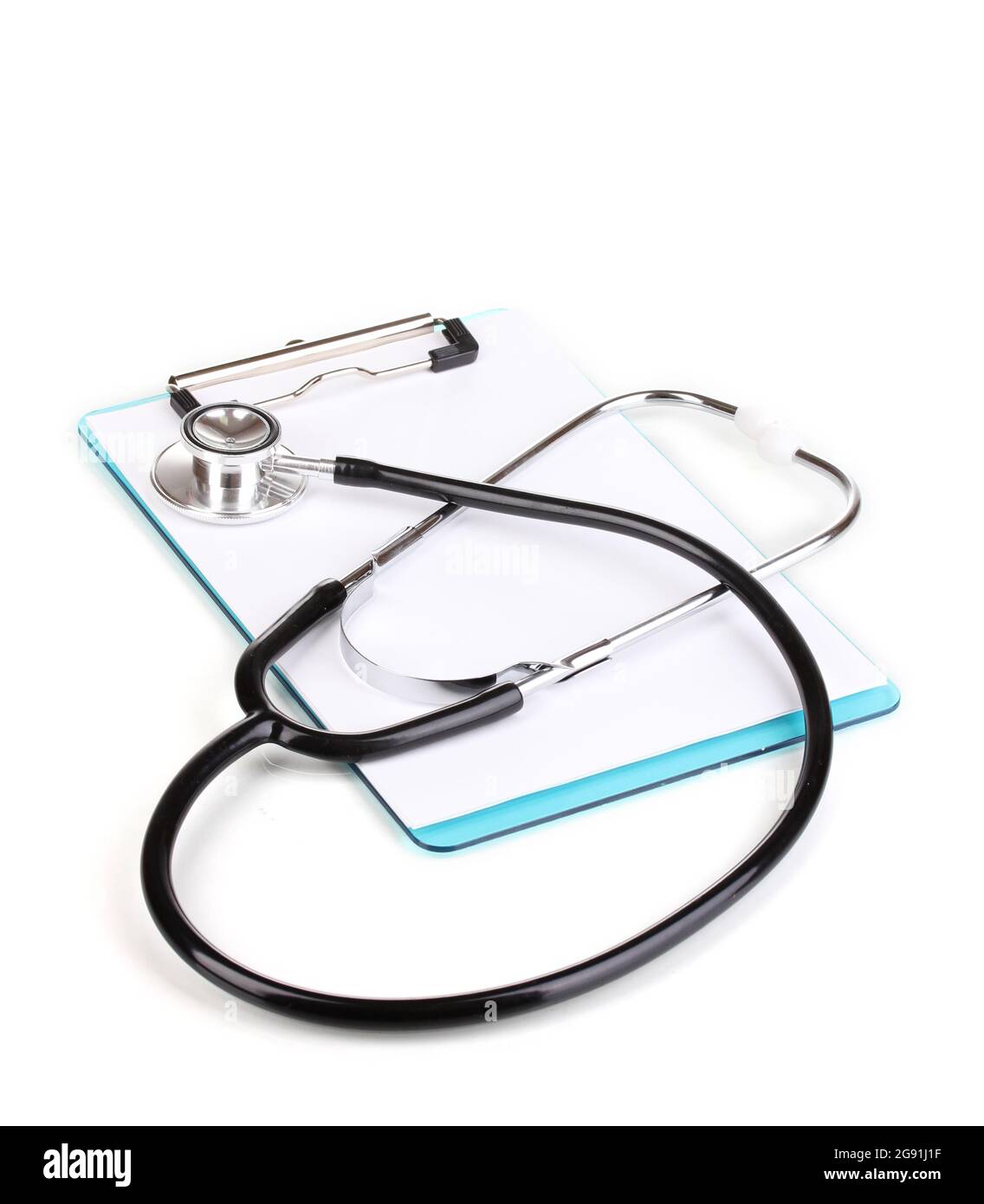 Stethoscope and blank clipboard isolated on white Stock Photo - Alamy