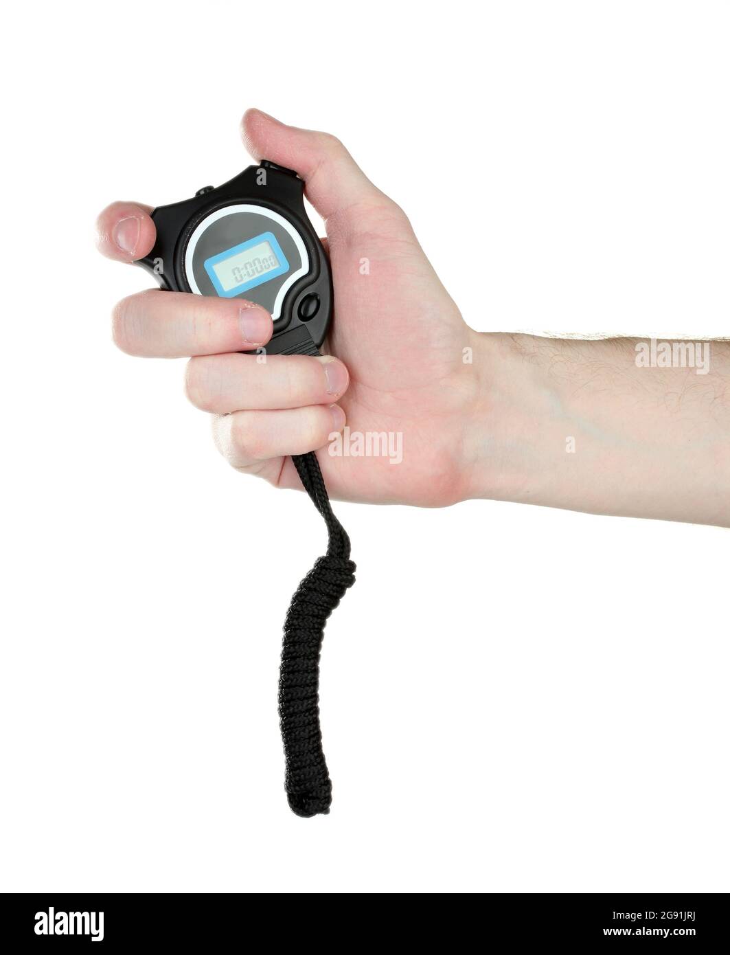 electronic sport timer in hand isolated on white Stock Photo Alamy