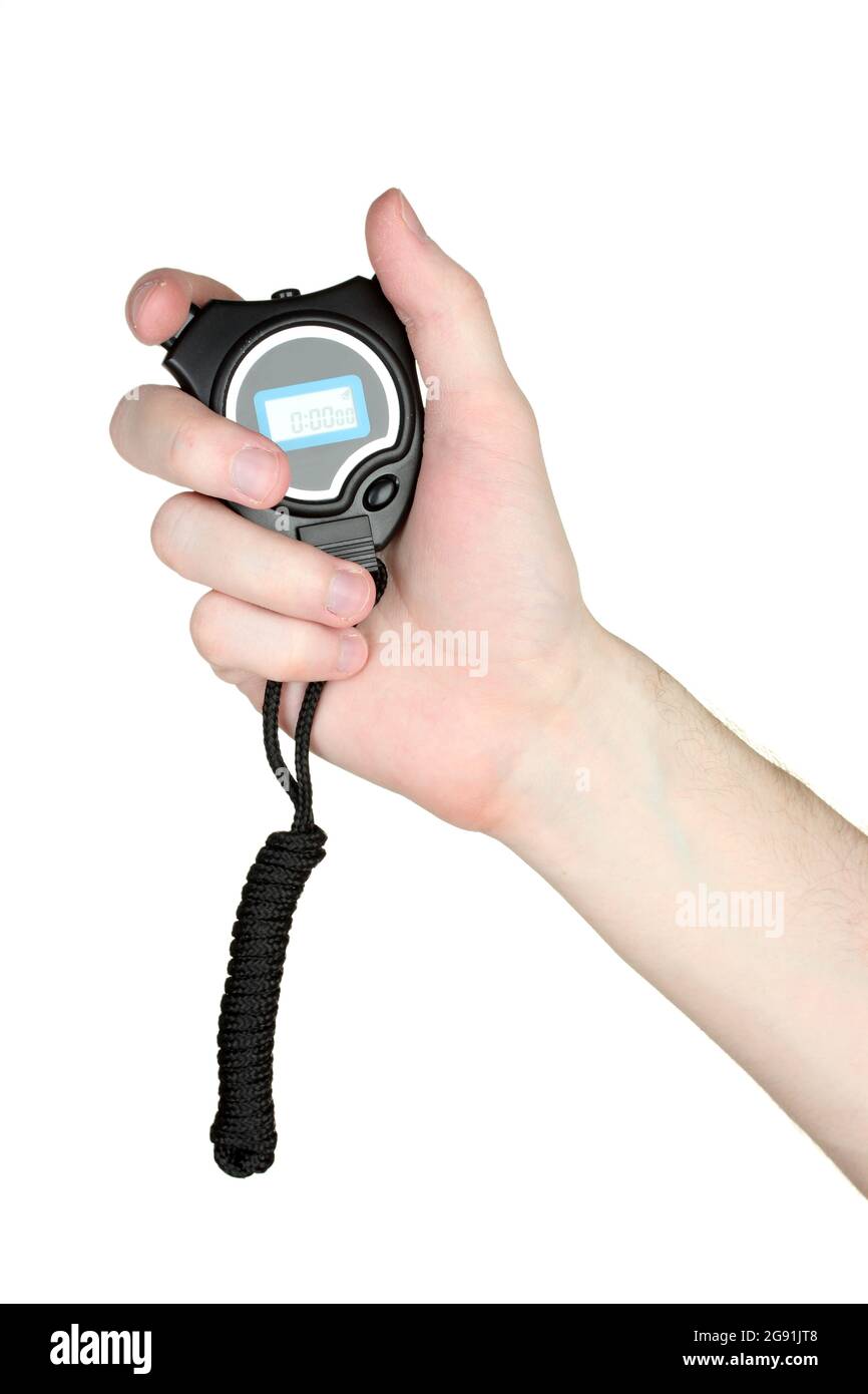 electronic sport timer in hand isolated on white Stock Photo Alamy