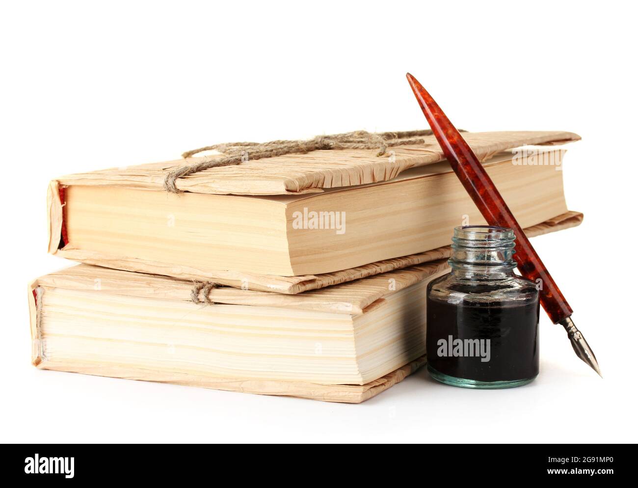 old books, ink pen and ink bottle isolated on white Stock Photo - Alamy